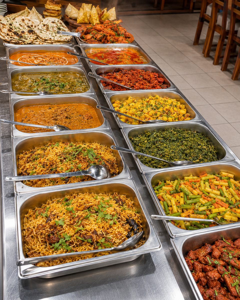 Daily specials on the food-court line — curries, biryani and vegetables at Menara Great Eastern 2, KL
