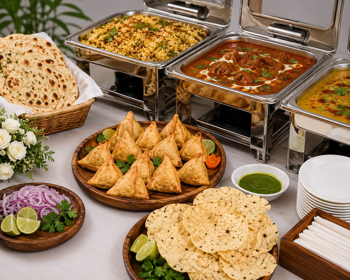 Indian catering spread with chafing dishes, samosas, papad and naan in KL
