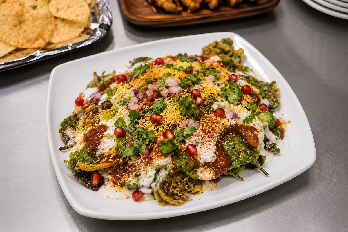 Crispy palak chaat with sev, yoghurt, chutneys, onion and pomegranate — a North Indian specialty in KL