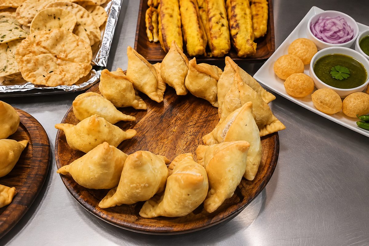 Freshly fried North Indian samosas with mint chutney, made in Kuala Lumpur