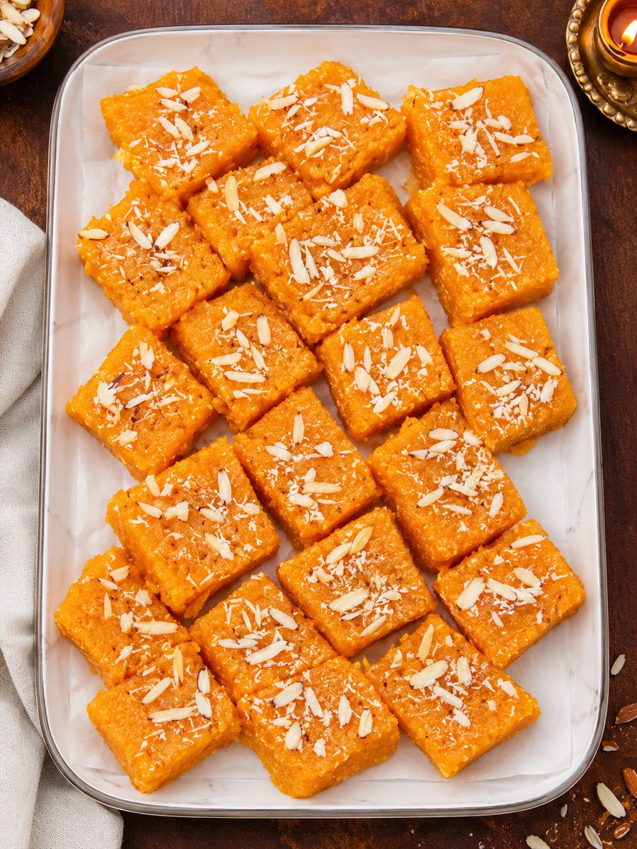 Festive Indian sweets topped with slivered almonds — Diwali sweets made in Kuala Lumpur